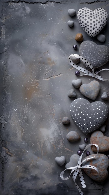 Asortyment wzorcowych kamieni w kształcie serca i koralików na teksturowanej powierzchni