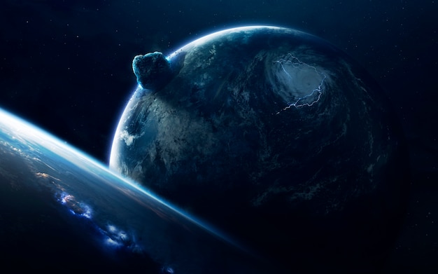 Asteroida. Tapeta kosmiczna science fiction, niewiarygodnie piękne planety, galaktyki, ciemne i zimne piękno nieskończonego wszechświata.