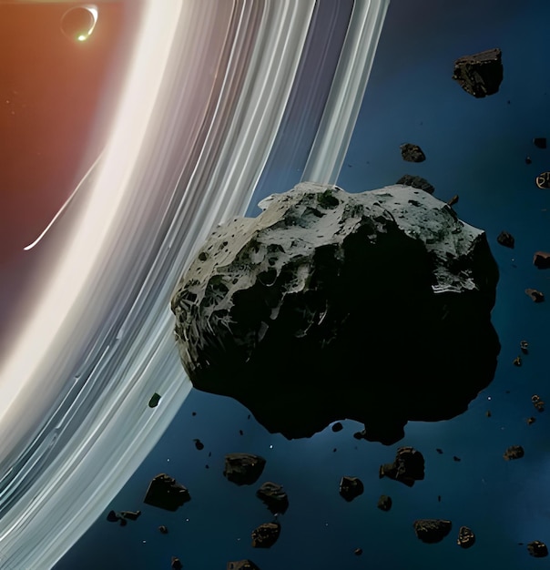 Zdjęcie asteroida z powierzchnią skał i orbitą