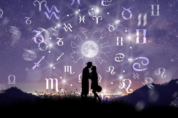 Astrologiczne znaki zodiaku wewnątrz koła horoskopu Para śpiewa i tańczy nad kołem zodiaku