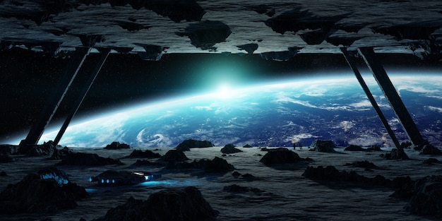 Astronauci badający renderowanie 3D statku kosmicznego