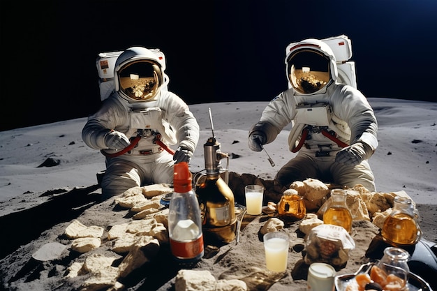 Astronauci odpoczywający na Księżycu i pijący piwo Generatywna sztuczna inteligencja