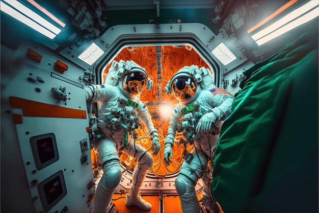 Astronauci pracujący w kosmosie na stacji kosmicznej futurystyczna technologia Generative AI Generative AI