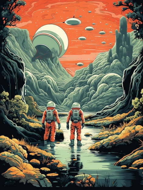 Zdjęcie astronauci są świadkami obcej dzikiej przyrody na odległej planecie ilustracja science fiction na plakat