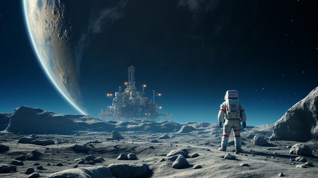 Astronaut_in_space_suit_walking_on_Moonsu Tapeta HD 8K Obraz fotograficzny