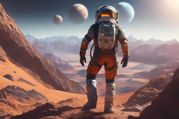 Astronauta badający zewnętrzne planety Astronauta odkrywający zewnętrzne planety Astronauta w eksploracji kosmosu Element