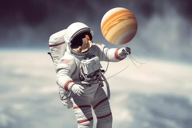Astronauta bawi się kulą ziemską w kształcie planety