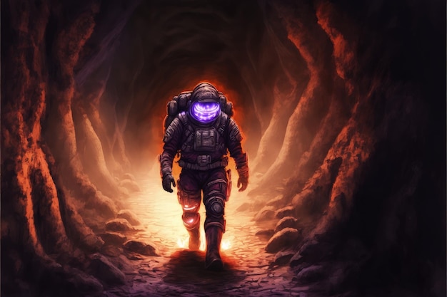 Astronauta chodzący po świetlistej ścieżce na jałowej planecie w scenie scifi Koncepcja fantasy Malarstwo ilustracyjne Generative AI