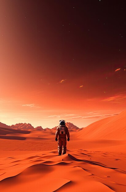 Astronauta chodzi po powierzchni wygenerowanej przez ai czerwonej planety