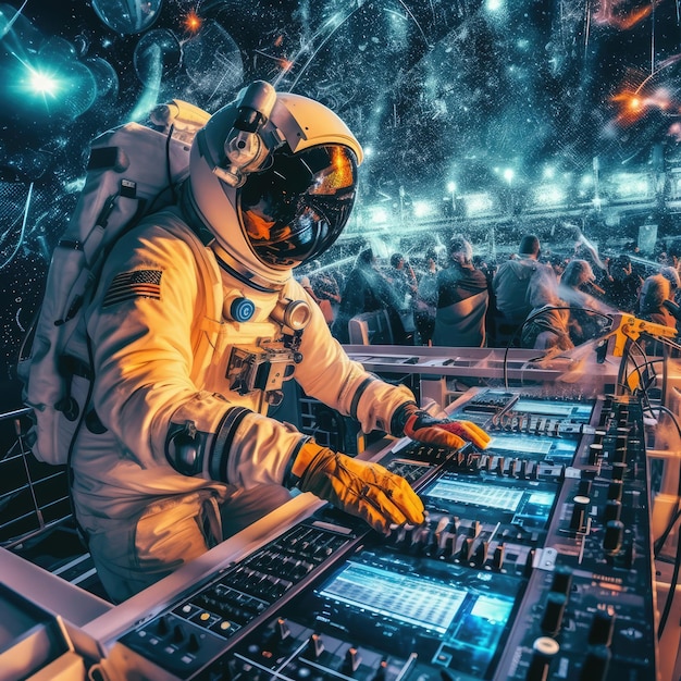 Astronauta DJ tworzący muzykę