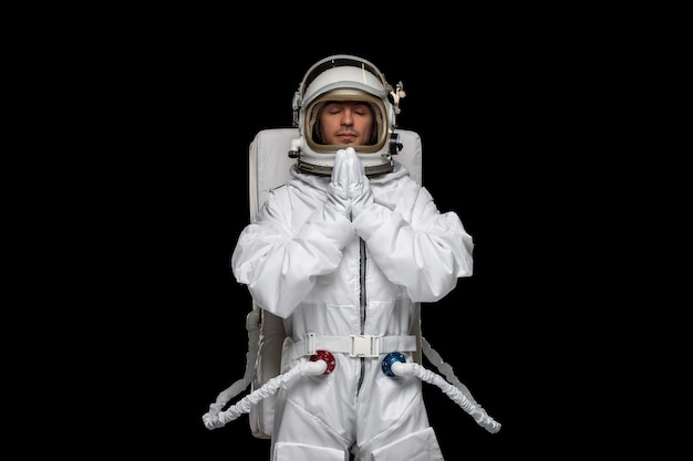 Astronauta Dzień Spaceman W Galaxy Kosmos Kask Skafandra Modląc Się Razem Z Zamkniętymi Oczami