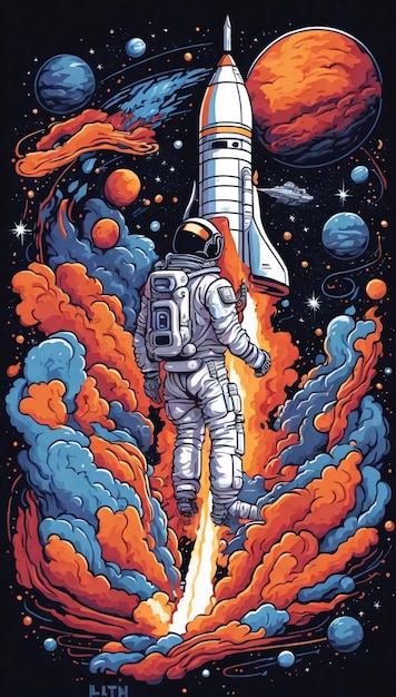 Astronauta i jego rakieta w pięknej ilustracji wektorowej do projektowania koszulek