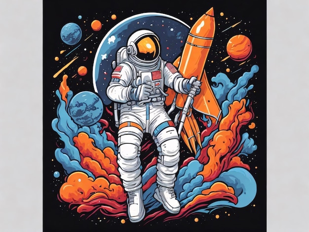 Astronauta i jego rakieta w pięknej ilustracji wektorowej do projektowania koszulek