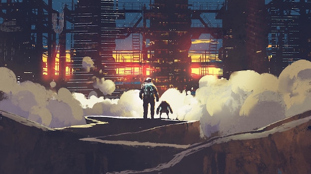 astronauta i mały robot patrzący na futurystyczne miasto o zachodzie słońca, cyfrowy styl artystyczny, malarstwo ilustracyjne