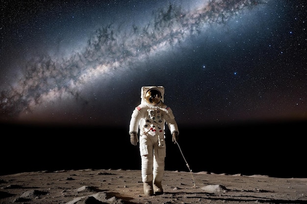 Zdjęcie astronauta idący po księżycu z teleskopem w ręku