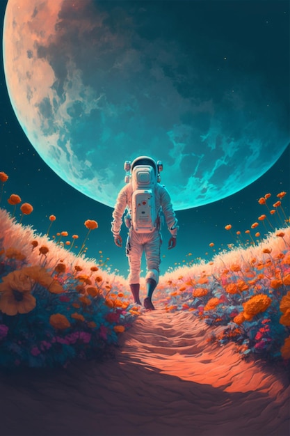 Astronauta idący przez pole kwiatów generatywny ai
