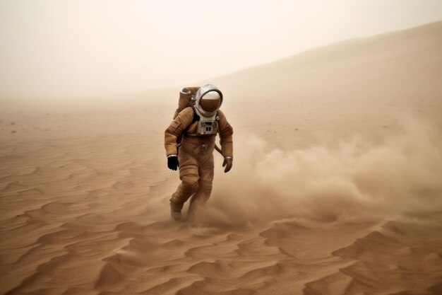 Zdjęcie astronauta idzie przez piasek z kurzem w tle.