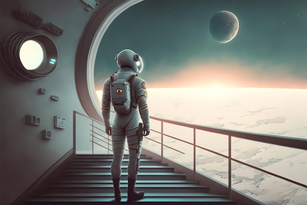 Astronauta idzie w kierunku światła na futurystycznych schodach