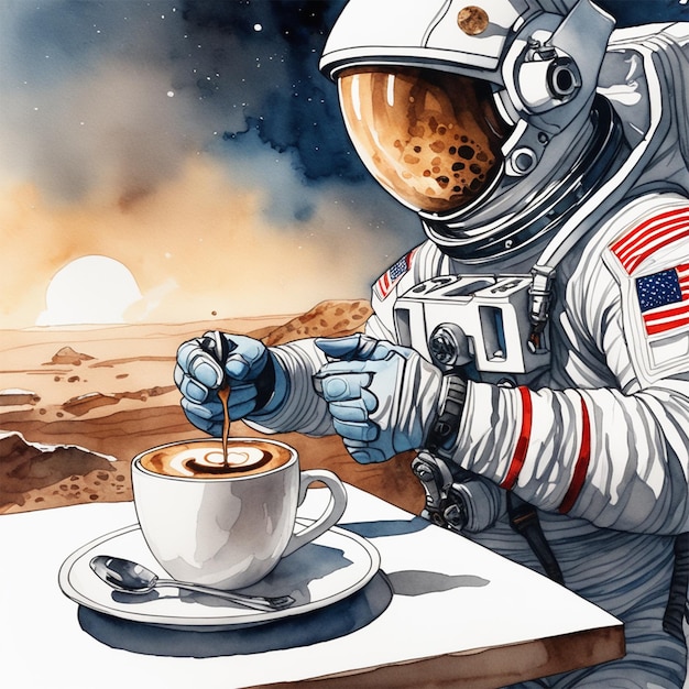 Astronauta je kawę i wodę. Trendy w kolorze wody na stacji artystycznej Sharp Focus Studio Photo. Skomplikowane szczegóły