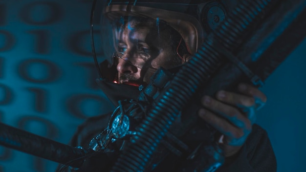 Astronauta, kosmiczny człowiek w hełmie z diodami LED, skafandrze i pistoletem w kształcie armaty