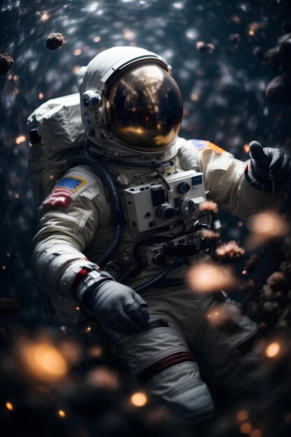 Astronauta-kosmonauta unoszący się w przestrzeni kosmicznej Motyw science fiction Światowy Dzień Astronautów