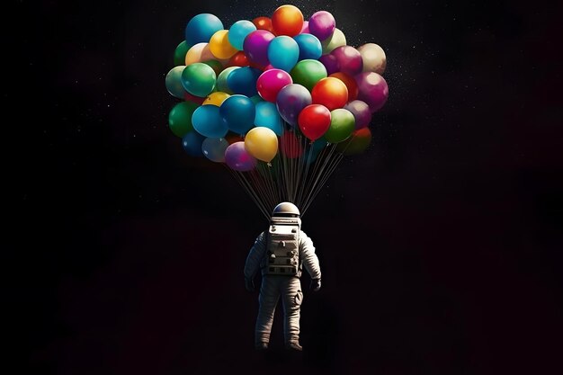 Zdjęcie astronauta leci z mnóstwem balonów w ciemności