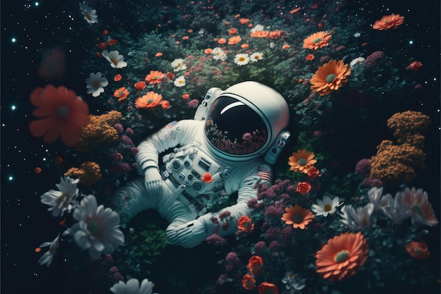 Astronauta leżący w kolorowym ogrodzie kwiatowym z widokiem z góry