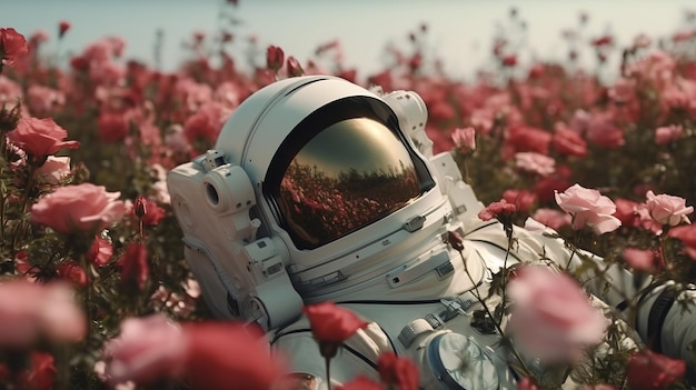 Astronauta leży na polu róż. Generatywna sztuczna inteligencja.