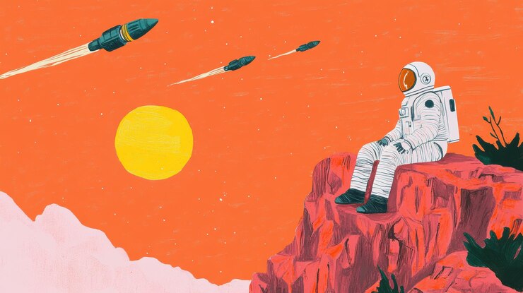 Zdjęcie astronauta na klifie oglądający rakiety na pomarańczowym niebie