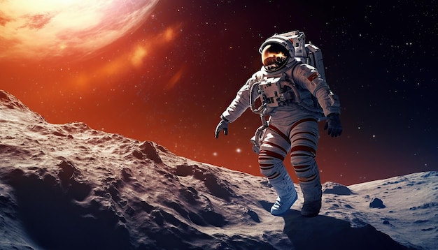 Astronauta na Księżycu ze słońcem świecącym w tle