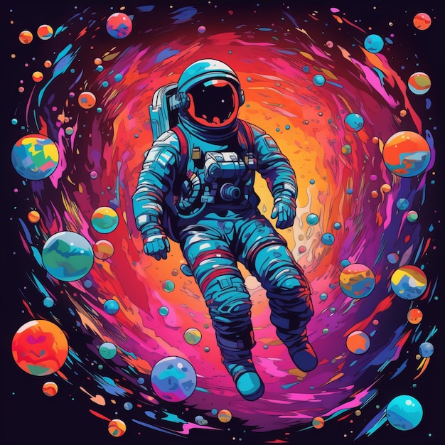 Astronauta na orbicie z kolorowymi gwiazdami