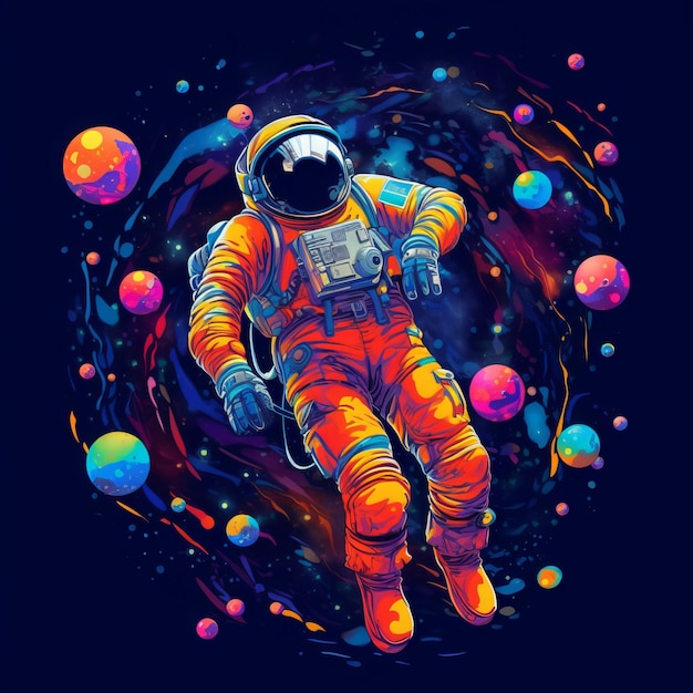 Astronauta na orbicie z kolorowymi gwiazdami