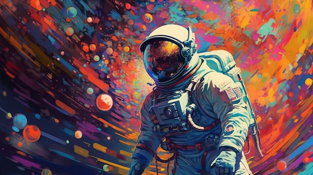 Astronauta na orbicie z kolorowymi gwiazdami