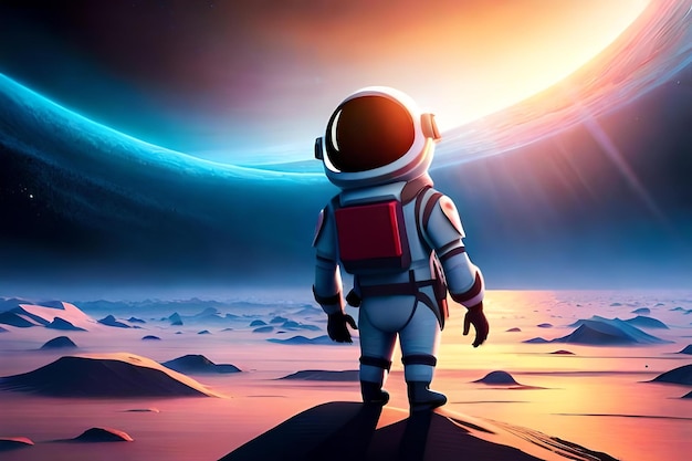 Astronauta na planecie z czerwonym plecakiem.