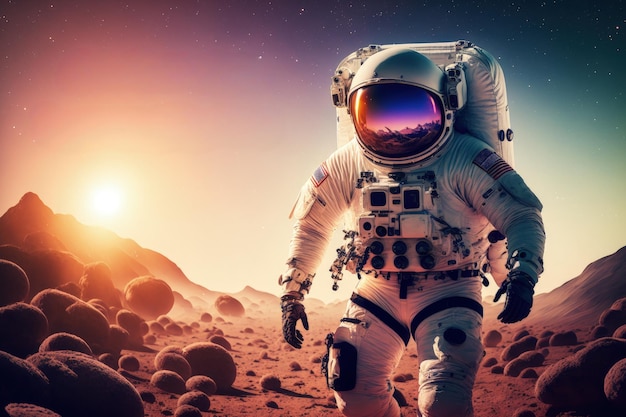 Astronauta na planecie z zachodem słońca w tle