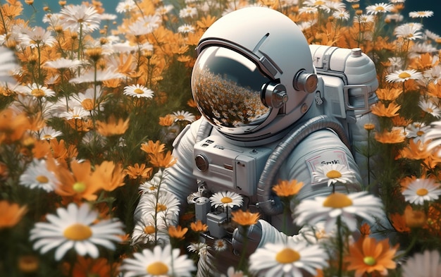 Zdjęcie astronauta na polu kwiatów