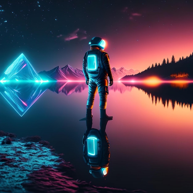 Astronauta nocą na jeziorze z neonami i górami w tle Generacyjna sztuczna inteligencja
