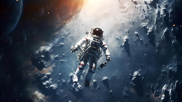 Astronauta nosi pełny skafander kosmiczny unoszący się w kosmosie z pyłem i gwiazdami Kosmonauta leci w przestrzeni kosmicznej na tle Księżyca