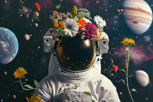 astronauta noszący hełm kosmiczny ozdobiony różnymi kwiatami na tle samolotu