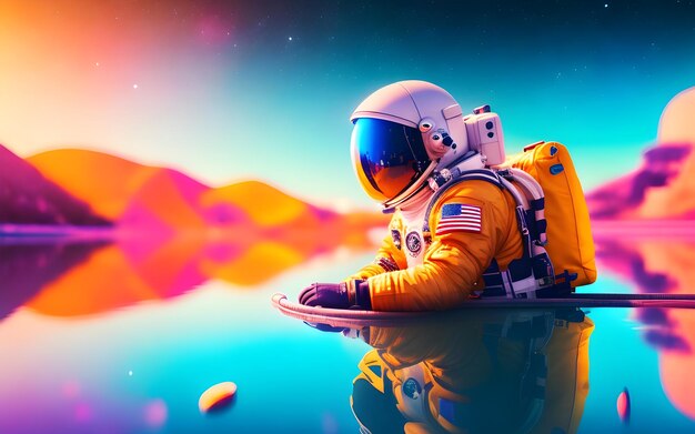 Zdjęcie astronauta odpoczywający w basenie pływający w spokojnym basenie