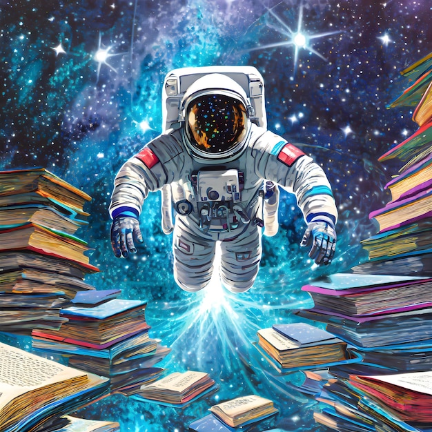 astronauta otoczonego książkami