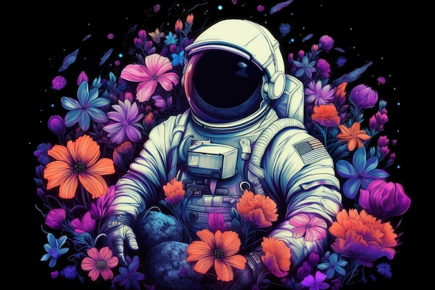 Astronauta otoczony kwitnącymi kwiatami na odległej planecie stworzony za pomocą generatywnej ai