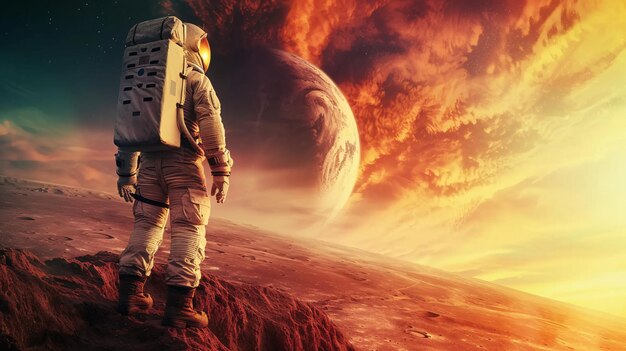 Astronauta patrzący na krajobraz obcej planety