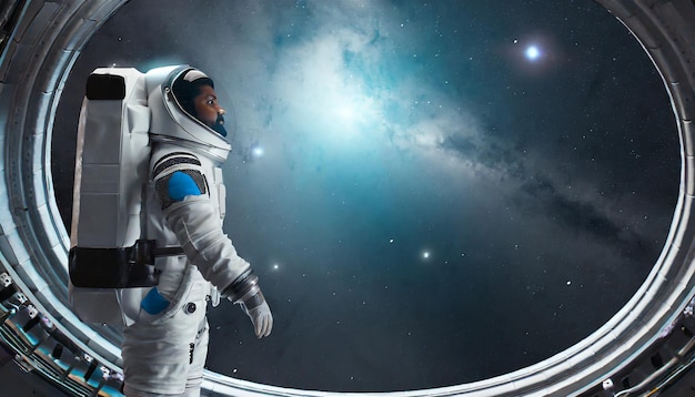 Astronauta patrzy na ogromny oświetlacz nieznanego wnętrza statku kosmicznego na pustym