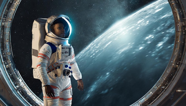Astronauta patrzy na ogromny oświetlacz nieznanego wnętrza statku kosmicznego na pustym