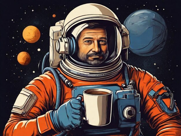 Astronauta pije gorącą kawę lub herbatę w kosmosie na tle innych planet i gwiazd odpoczywających od pracy w podróży do innych galaktyk Ilustracja w stylu komiksów vintage