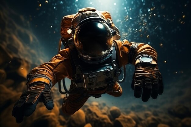 Astronauta pływający pośród hipnotyzującej galaktyki pełnej błyszczących gwiazd i odległej planety