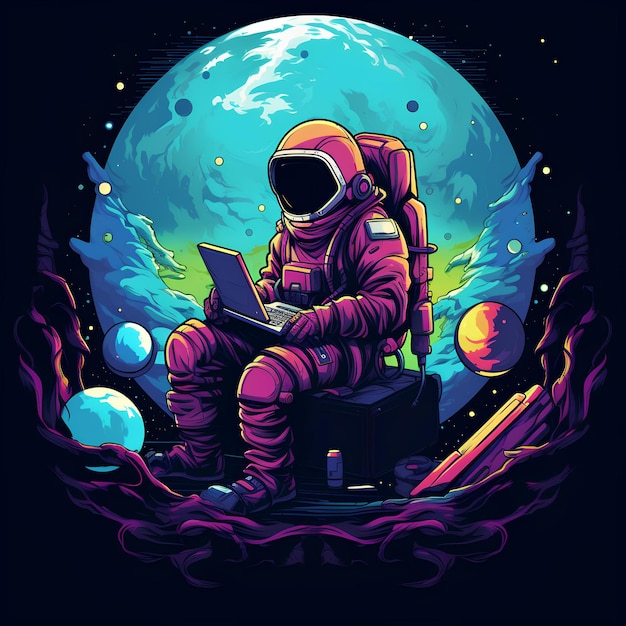 Astronauta pracujący na laptopie w ilustracji kosmicznej