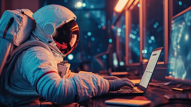 Astronauta pracujący na laptopie z galaktyką kosmiczną na tle