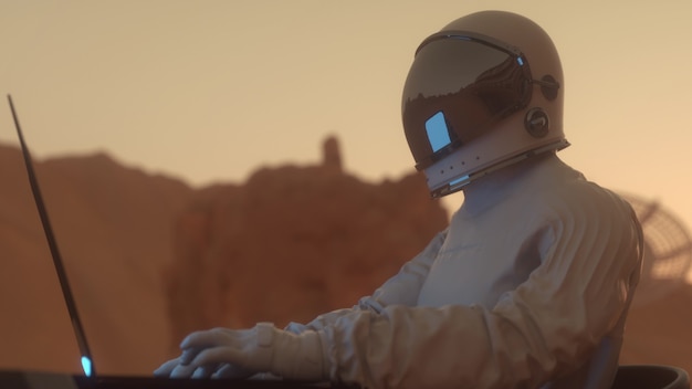 Astronauta pracuje na swoim laptopie naukowym w kosmicznej kolonii na jednej z planet. renderowania 3D.